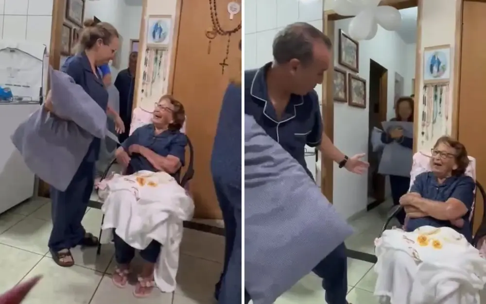 Filhos fazem surpresa emocionante e se reúnem para dormir com a mãe de 92 anos, em Anápolis